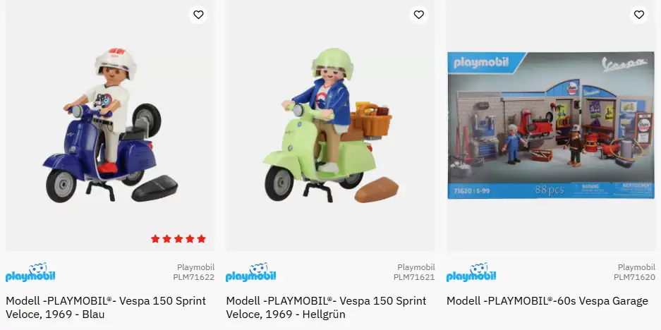 Zwei Playmobil Vespamodelle und eine Playmobil Vespa Werkstatt