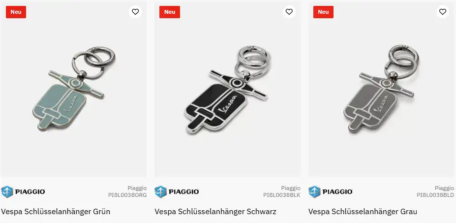 Drei verschiedene Vespa Schlüsselanhänger aus Metall in Schwarz, Grau und Grün