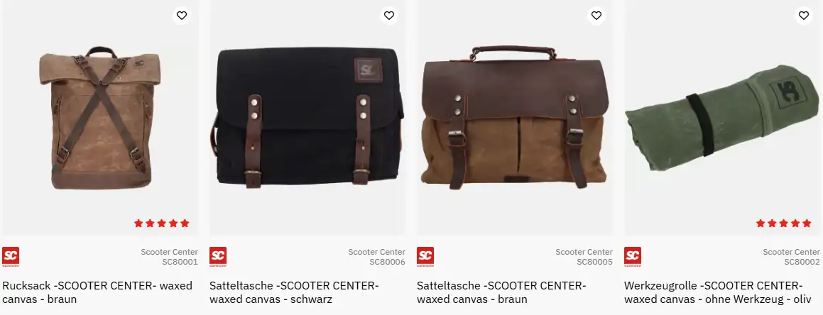 Vier verschiedene Canvastaschen im Scooter Center Shop