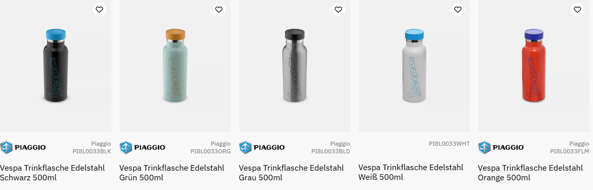 Mit Vespa bedruckte Trinflaschen in verschiedenen Farben