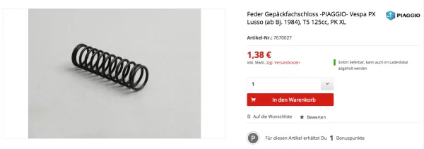 Feder Gepäckfachschloss -PIAGGIO- Vespa PX Lusso (ab Bj. 1984), T5 125cc, PK XL 