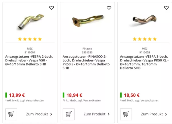 Ansaugstutzen 16/16 Vespa SHB Vergaser