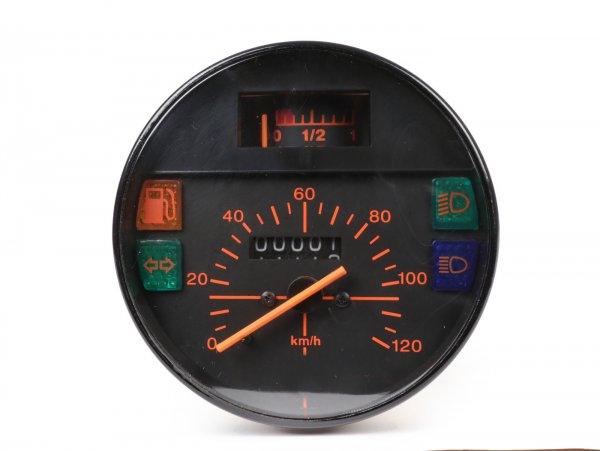 Compteur de vitesse -PREMIUM- Vespa Ø=105mm - PK 125XL, ETS125 - 120km/h (chiffres orange)