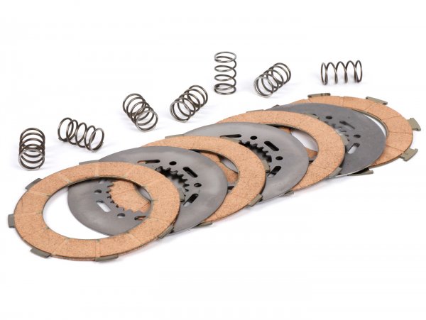 Clutch friction plate set -POLINI Vespa type 7 springs (Rally200, PX200, T5 125cc)- 4 friction plates (incl. springs and steel plates)
