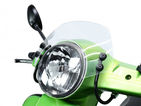 Windschutzscheibe mit schwarzen Haltern -MOTO NOSTRA, b=300mm, h=105mm- Vespa GT, GTL, GTS, GTS Super 125-300ccm (-2018) - transparentes Glas