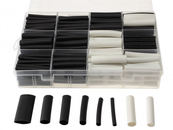 Serie tubi termoretrattili -CHILITEC 300 pezzi- bianco e nero - nero: Ø=10x 12,5mm, 10x 9,5mm, 17x 8mm, 17x 6,5mm, 50x 5mm, 80x 3mm, 65x 2,5mm  bianco=Ø 18x 8mm, 33x 6,5mm