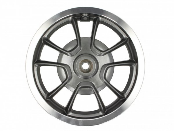 Wheel rim, rear, anthracite silver edge -PIAGGIO 3.00-12 inch, Ø brake drum = 140mm - 10 spokes-  Vespa Primavera 125 (ZAPMA1100, ZAPMA1101, ZAPMD1100), Vespa Primavera 150 (ZAPMA1200, ZAPMA1201, ZAPMD120)
