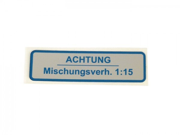 Sticker for fuel tank cap -OEM QUALITY- Vespa, German, Achtung Mischungsverhältnis 1:15 -blue