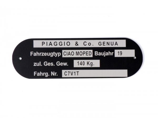 Plaque signalétique -OEM QUALITÉ- Piaggio & Co Ciao Cyclomoteur *C7V1T*