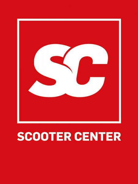 Banderola -SCOOTER CENTER- 150x205cm, rojo/blanco, logo SC y texto "SCOOTER CENTER"