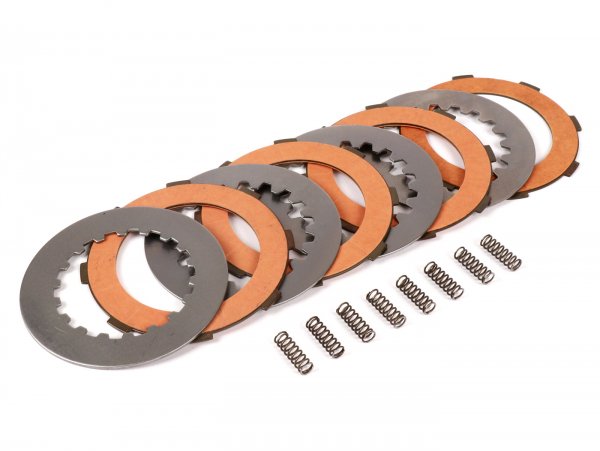Clutch friction plate set incl. steel plates incl. 8 springs -FERODO 'Race 'High Performance Carbon' Vespa Cosa2- suitable for standard clutch basket of Vespa Cosa2/FL (1992-), PX (1995-), Superstrong, Scooter & Service, MMW, Ultrastrong - 4 plates