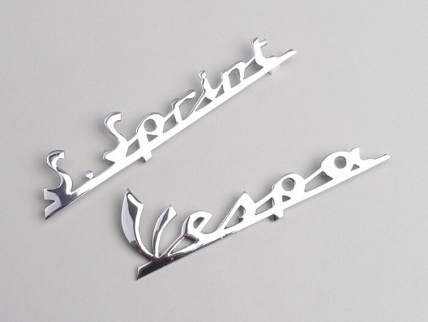 Targhetta / Scritta anteriore allo scudo + scudo posteriore -VESPA- Vespa S. Sprint 90 - Vespa SS90 (da anno 1965)