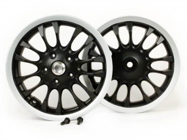 Pair of wheel rims -PIAGGIO 3.00-12 inch - 14 spokes- type Sprint - fits Vespa Sprint 50 (ZAPC53201), Primavera 50 (ZAPC53200) - matt black/silver rim