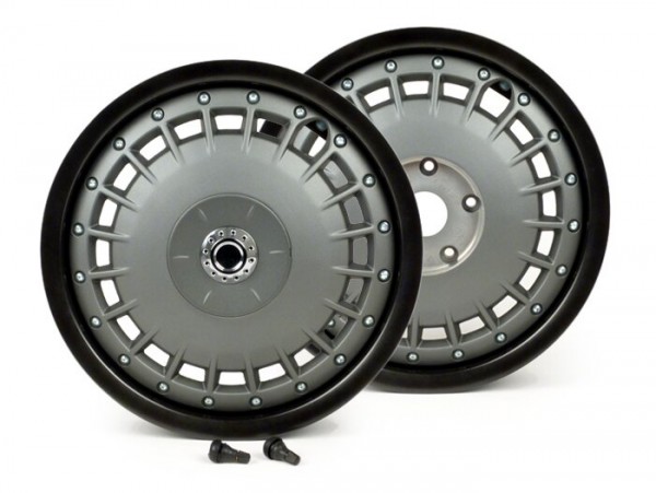 Pair of wheel rims -PIAGGIO 3.00-12 inch Vespa 946 - matt anthracite rim, matt silver grey rim hub