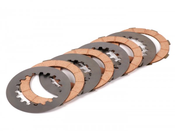 Clutch friction plate set incl. steel plates -FERODO 'Standard' Vespa Cosa2- suitable for standard clutch basket of Vespa Cosa2/FL (1992-), PX (1995-), Superstrong, Scooter & Service, MMW, Ultrastrong - 4 plates
