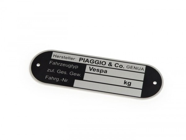 Name plate -OEM QUALITY- Vespa Piaggio & Co Genua (80x25x0,5mm) - round