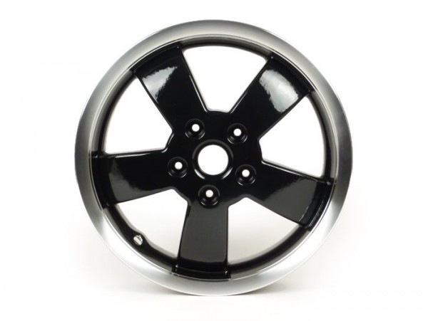 Wheel rim -PIAGGIO Super - black with polished border, (3.00x12)inch - 5 spokes- Vespa GT, GTL, GTS, GTV 125-300cc - fits front and rear (2014-2016)