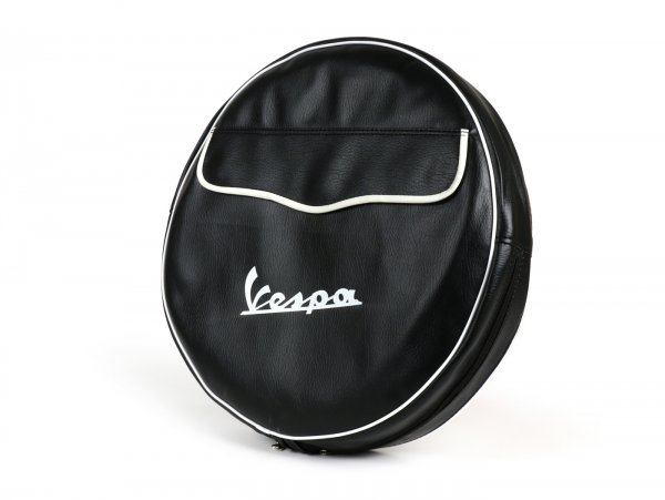 Spare wheel cover -MADE IN VIETNAM- Vespa 3.50 - 10 - black, with pouch, white piping