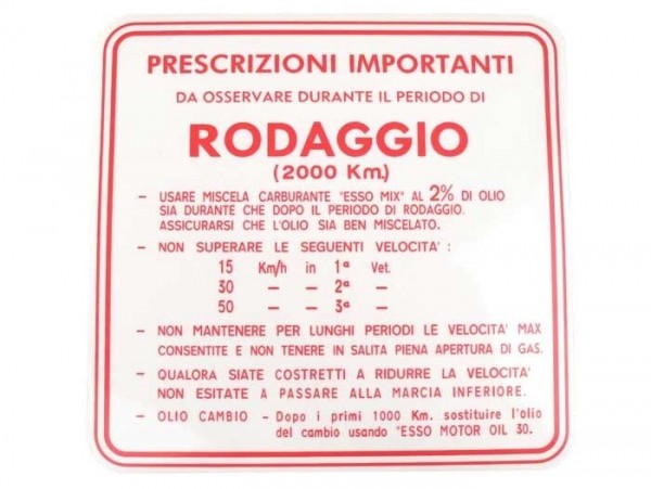 Adhesivo rodaje -CALIDAD OEM- Vespa, italiano, 3 velocidades, proporción de mezcla 2% - rojo