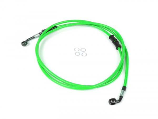 Brake hose, rear, for genuine brake caliper -SPIEGLER hose: stainless steel (green), fitting: aluminium (black)- Vespa (without ABS) GTS 250 (ZAPM451), GTS 125 i.e. (ZAPM453), GTS 300 i.e. (ZAPM452)