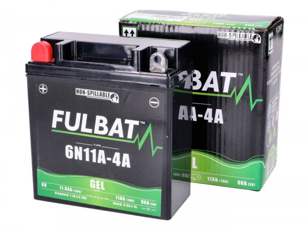 Batteria (gel), senza manutenzione  -FULBAT 6N11A-4A- 6V 11Ah - 122x62x132mm - Vespa 150 (T2, T3), Vespa GS150 / GS3 (VDTS - deutsche Modelle), V50 Special Elestart (2x benötigt)