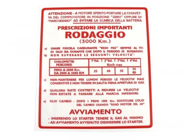 Adhesivo rodaje -CALIDAD OEM- Vespa, italiano, 4 velocidades, proporción de mezcla 5% - rojo