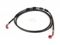 Brake hose, rear, for brake caliper Brembo P32G, P34G, Frando -SPIEGLER hose: stainless steel (black), fitting: aluminium (red)- Vespa (without ABS) GTS 250 (ZAPM451), GTS 125 i.e. (ZAPM453), GTS 300 i.e. (ZAPM452)
