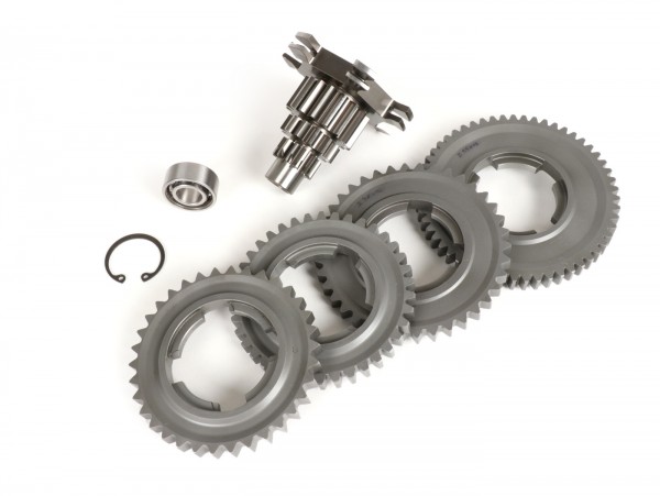Gearbox (gears + gear cluster) -BENELLI type GPX- Vespa PX125, PX150, PX200, T5 125cc, Cosa - 12/55, 12/38, 16/38, 16/34 teeth - extra short