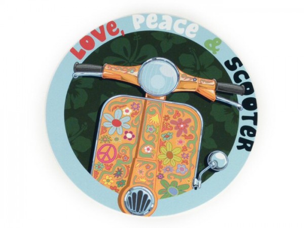 Aufkleber -Ø 95mm- „ Love, Peace & Scooter“