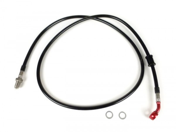Brake hose, front, to brake caliper Brembo P4 30/34 -SPIEGLER hose: stainless steel (black), fitting: aluminium (red)- Vespa (with ABS) GTS 125i.e. Super ABS (ZAPM45300, ZAPM45301), Vespa GTS 300 ABS (ZAPM45200, ZAPM45202), Vespa GTS 300i.e. Super AB