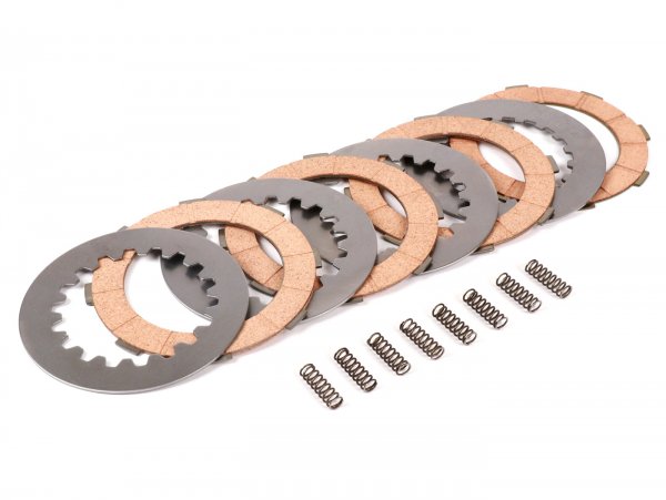 Clutch friction plate set incl. steel plates incl. 8 springs -FERODO 'Standard' Vespa Cosa2- suitable for standard clutch basket of Vespa Cosa2/FL (1992-), PX (1995-), Superstrong, Scooter & Service, MMW, Ultrastrong - 4 plates