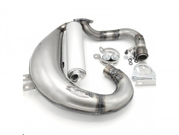 Exhaust -VMC Tork- Smallframe 100-140ccm - VMC GS56/58, 100 RVA, T-56, Polini 102/112/133, Malossi 102/112/136, Pinasco Zuera (52-62mm stud spacing)- Vespa V50, 50N, SS50, 50 SR, V90, ET3, PV125 - Fits vehicles without luggage compartment - Clear fin