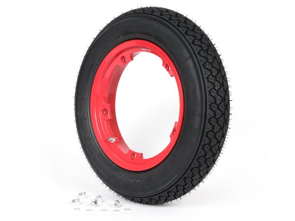 Wheel assembly (tyre mounted on rim ready to drive) -MICHELIN S83, tubeless, Vespa Smallframe V50, PV, ET3, PK- 3.00 - 10 inch TL 42J - Wheel assemblyrim BGM PRO 2.10-10 Aluminium red