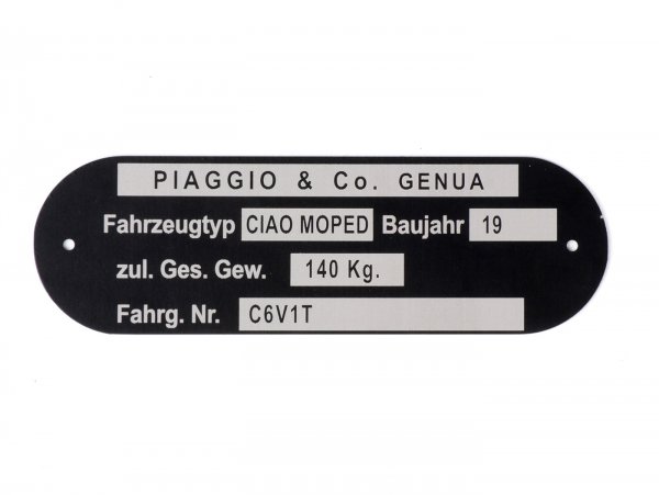 Typenschild -OEM QUALITÄT- Piaggio & Co Ciao Moped *C6V1T*