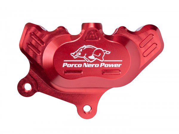 Brake caliper, front (with TÜV certification) -PORCO NERO POWER 2.0 CNC by Spiegler 4-piston, Ø=25/29mm- Vespa GT/GTS/GTV 125-300cc (with and without ABS) - red anodised