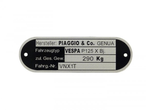 Targhetta identificativa -QUALITÀ OEM- Vespa Piaggio & Co Genua (80x25x0,5mm) - Vespa P125 X VNX1T
