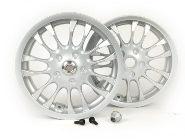 Pair of wheel rims incl. conversion kit -PIAGGIO 3.00-12 inch - 14 spokes- type Vespa Sprint 50-150cc - fits Vespa GT, GTL, GTS 125-300, GTV - silver grey