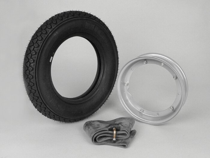 2 MICHELIN TYRE S83 R10 2 TUBES SIZE 3.5 PAIR OF 2 COMPLETE WHEELS MOUNTED FOR THE VESPA PX 125 150 200 WITH 2 RINGS 