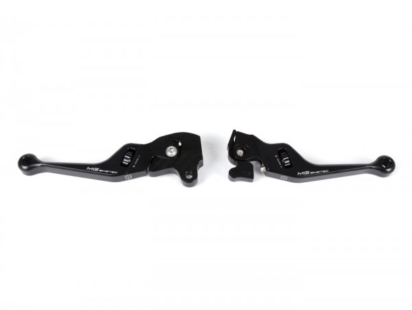 Pair of brake levers -MG-BIKETEC- adjustable, short - EG/ABE- Vespa LX 50 - 150 (2005 -), LXV 50 - 150 (2005 -) - Black