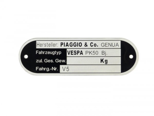 Typenschild -OEM QUALITÄT- Vespa Piaggio & Co Genua (80x25x0,5mm) - Vespa PK50 V5