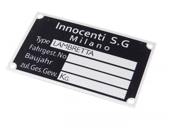 Placa de características -JOCKEYS BOXENSTOP- Lambretta Innocenti S.G. Milano (60x36x0,5mm)
