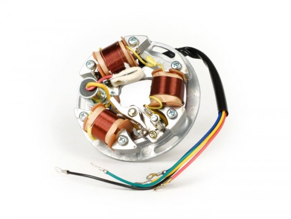 Ignition -BGM ORIGINAL stator (point set ignition, 5 cables, 6V)- Vespa Sprint150 (VLB1T), TS125 (VNL3T), GT125 (VNL2T), GTR125 (VNL2T), Super, GL150 (VLA1T) - for vehicles without indicators, without battery