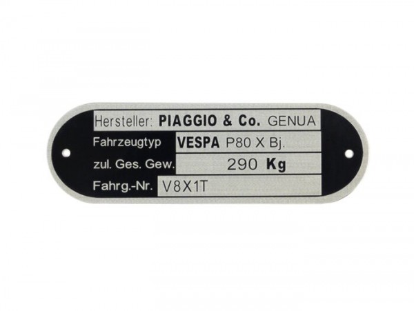 Vehicle ID number plate -OEM QUALITY- Vespa Piaggio & Co Genua (80x25x0,5mm) - Vespa P80 X V8X1T