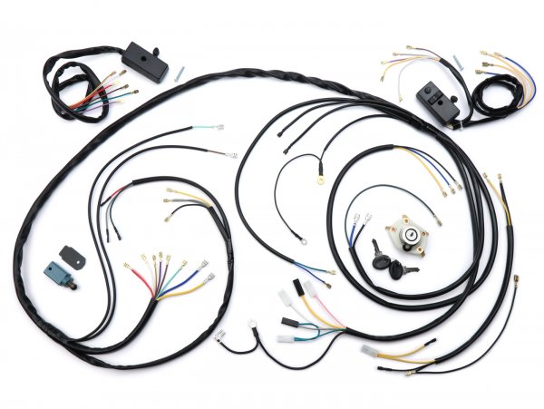 Wiring loom -BGM ORIGINAL- Vespa P-range (Italian models, or for conversion) 1981-1983, with 3-pin voltage regulator, with indicator, without battery, horn AC, electronic stator with 5-wire, ignition lock 4-pin, side covers with external locks