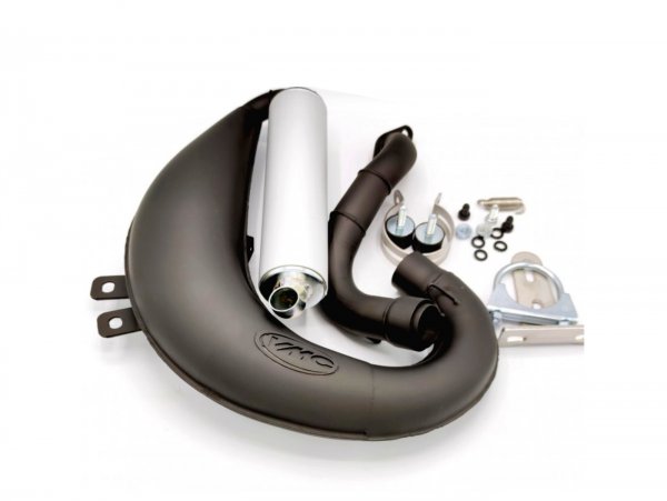 Exhaust -VMC Tork- Smallframe 100-140ccm - VMC GS56/58, 100 RVA, T-56, Polini 102/112/133, Malossi 102/112/136, Pinasco Zuera (52-62mm stud spacing)- Vespa V50, 50N, SS50, 50 SR, V90, ET3, PV125 - Cars without luggage compartment - black painted