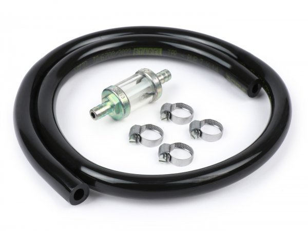 Fuel hose set incl. fuel filter-BGM PRO Tpr-Pur (not curing)- Vespa Classic (Ø inside = 7mm, Ø outside = 14mm, l = 750mm) - black - fits Vespa PX, T5, Cosa, Rally, Sprint, VBB etc.