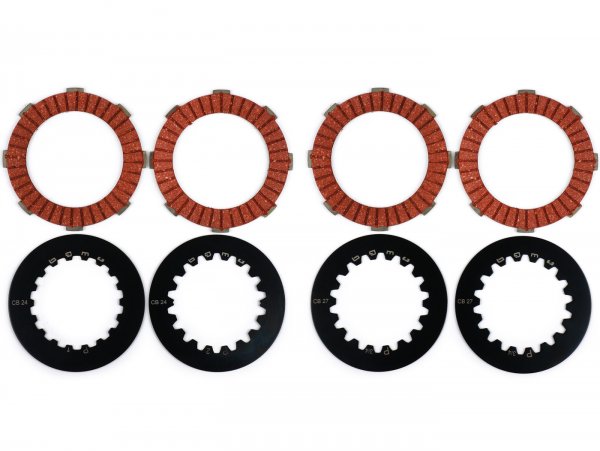 Clutch friction plate set incl. steel plates -BGM PRO TOURING Steel- Superstrong Racing Red- Vespa Cosa2- suitable for standard clutch basket of Vespa Cosa2/FL (1992-), PX (1995-), Superstrong, Scooter & Service, MMW, Ultrastrong - 4 plates