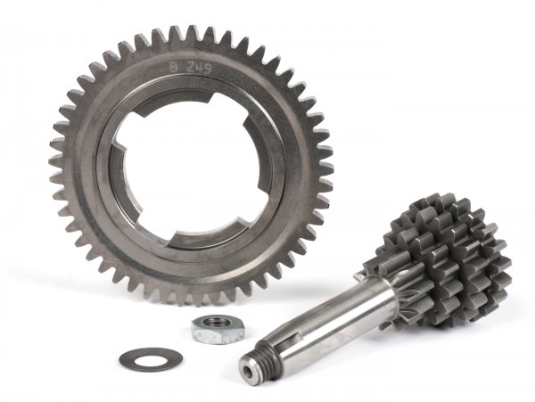 Gear cluster set incl. 4th gear with 49 teeth -BENELLI- Vespa V50, PV125, ET3, PK50, PK80, PK125 S-XL/XL2 - 10-14-18-21 teeth - compatible with genuine gear box, extra short 4th gear