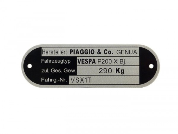 Vehicle ID number plate -OEM QUALITY- Vespa Piaggio & Co Genua (80x25x0,5mm) - Vespa P200 X VSX1T