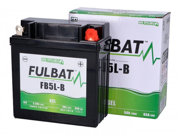 Batterie (gel), sans entretien  -FULBAT FB5L-B, 12N5-3B (remplace 12N5,5-3B), 12V, 5Ah (remplace 5,5Ah) 120x60x130mm - Vespa PX (-1984) - PX80, PX125, PX200, PK50 automatique, Typhoon80